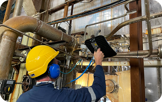 Why Leak Detection and Repair (LDAR) Matters Worker scanning overhead compressed air lines with a SonaVu acoustic imaging camera for leak detection.