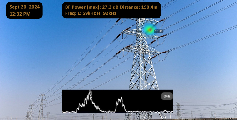 SonaVu+ identifying electrical discharge on high-voltage transmission lines using long-distance acoustic imaging.