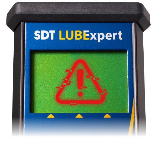 LUBExpert screen showing bearing health alert during ultrasound lubrication process.