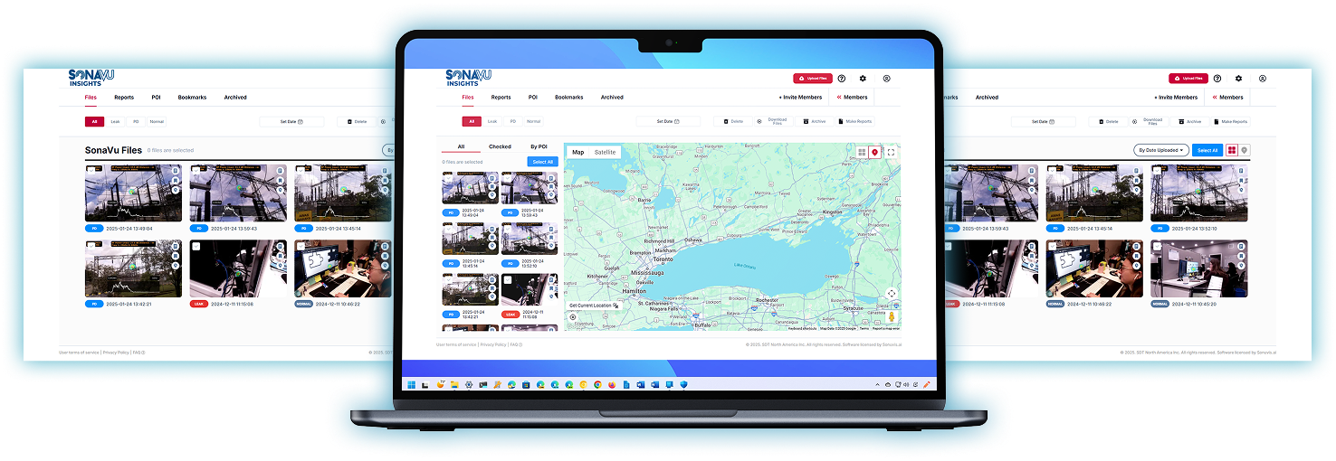 SonaVu InSights SonaVu InSights software platform displaying acoustic imaging data, leak reports, and asset maps for maintenance teams.