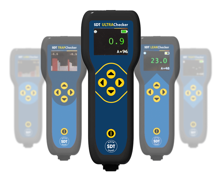 SDT Checker Range handheld ultrasonic data collectors displayed together, promoting operator driven safety and reliability in industrial maintenance.