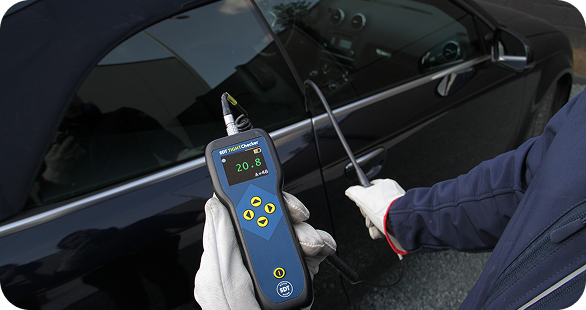 SDT TIGHTChecker Car Door Seal Test SDT TIGHTChecker ultrasound tightness tester checking car door seal for air and water leaks.