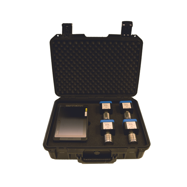 Wi-care Pure wireless vibration sensors with tablet and accessories in rugged case.