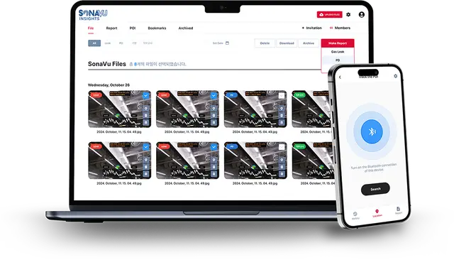 SonaVu InSights Multi-Platform SonaVu InSights platform on laptop and mobile device showing organized acoustic imaging analysis and report dashboards.