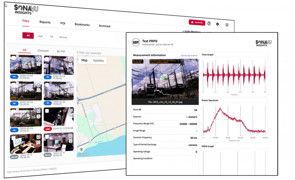 SonaVu InSights Dashboard SonaVu InSights dashboard displaying acoustic imaging data, dB readings, and electrical partial discharge graphs for industrial inspection routes.